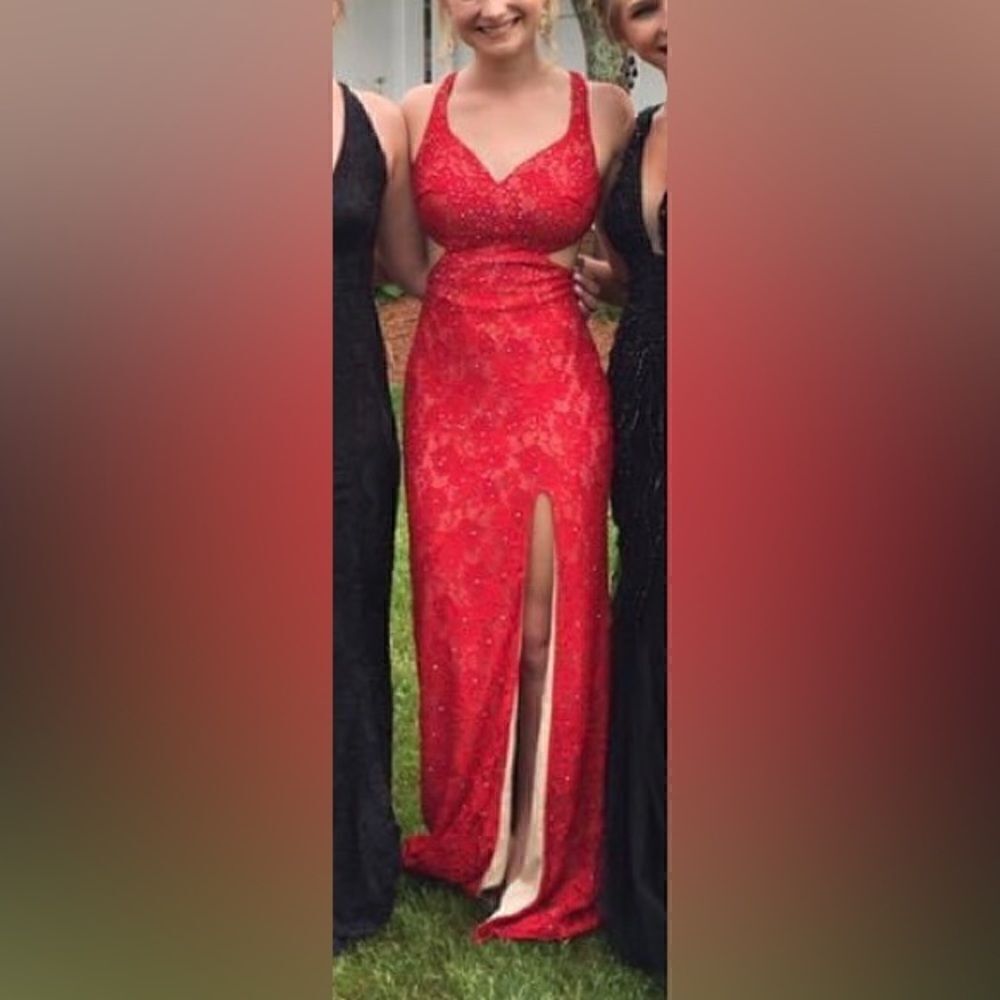 La Femme Red Lace Cut out Prom Dress Gown 4